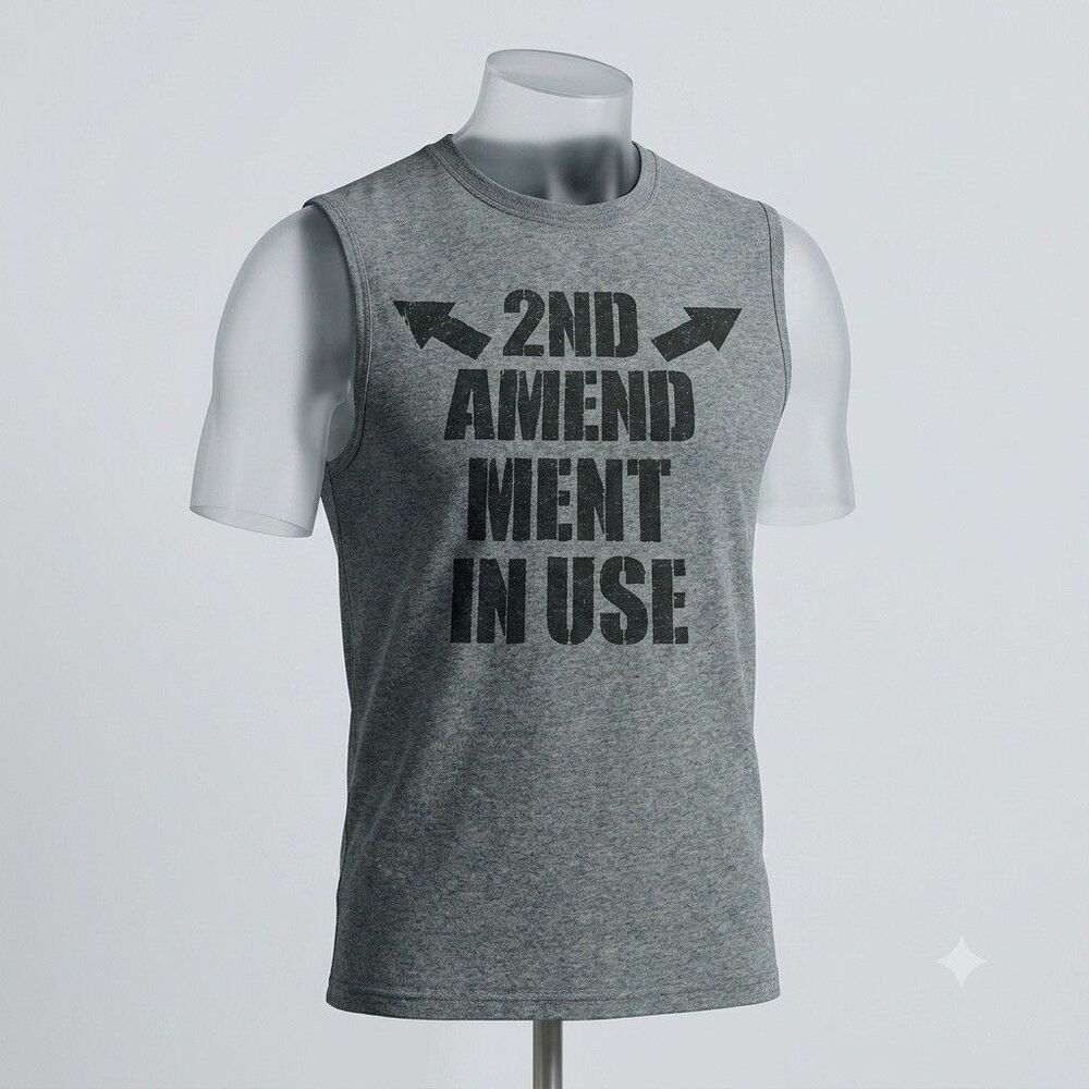 "2nd Amendment In Use" Graphic Sleeveless Cutoff Tank Top Grey Men's Medium M